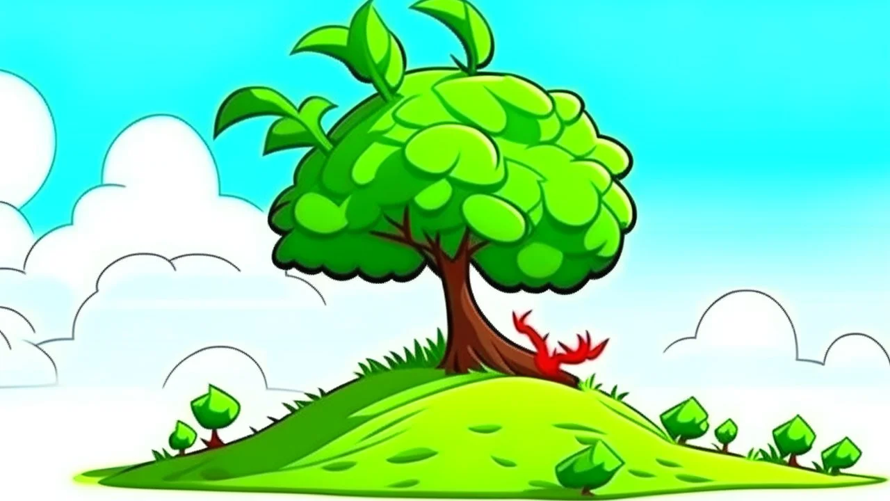 fantasy cartoon illustration: a shrub on a hill, there is a ribbon on the shrub