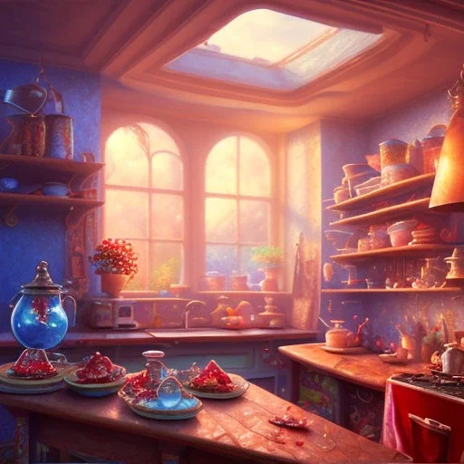 pixar style, realistic painting of a pretty housewife and a jar full with strawberry jam, kitchen in the background volumetric redand blue sky environment and background, volumetric lighting, dramatic lighting, detailed digital painting, extreme dense and fine, anime, ornate, colour-washed colors, elegant, small minutiae, tiny features, particulars, centered, smooth, sharp focus, renderman gofur render, 8k, uhd, detailed eyes, realistic shaded volumetric lighting, caustics, backlight