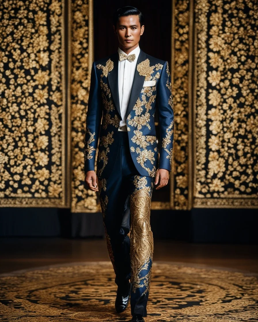 Full length picture A handsome super model man in a luxury suitman tuxedo batik traditional pattern javanese heritage dress with delicate gold and full diamonds colored crystal jewelry, walking on stage