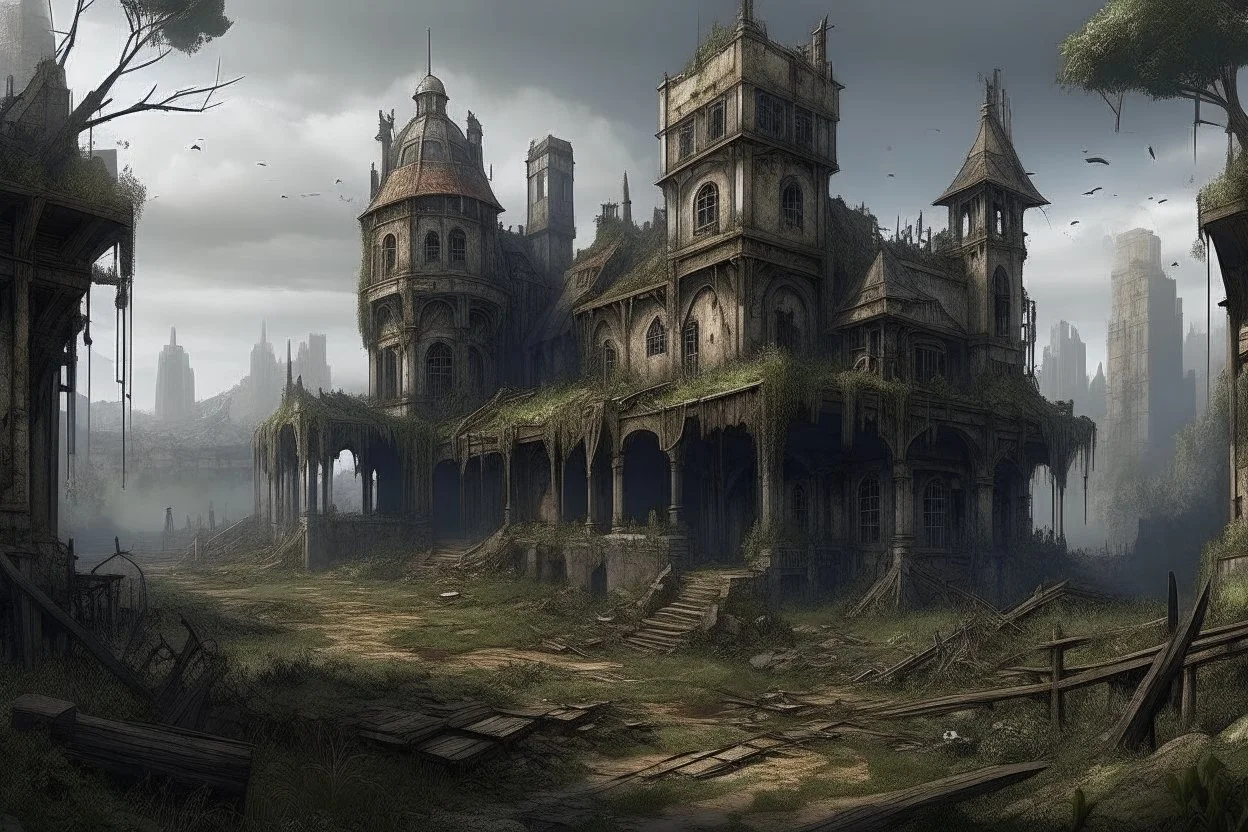 ruined victorian city post-apocaliptic cursed wilderness malice forggotten lands