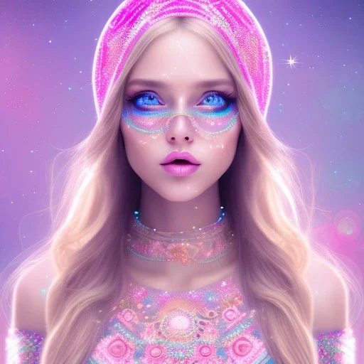 beautiful, soft, smiling face, whole head, long straight blonde hair blues eyes, crown on the head, clothing in transparent bluish and pink veil, background brillante bluish and pink, hight definition, 8K