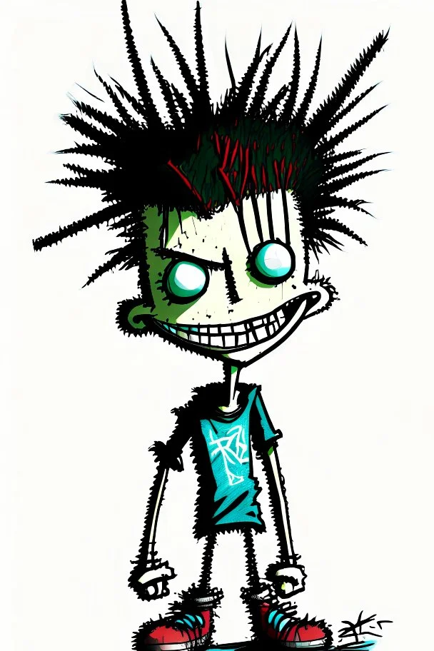 2d drawing of a stickman, cool with punk hair, x eyes like hangman, standing with back to camera, smiling,close-up ,3d realistic in colour