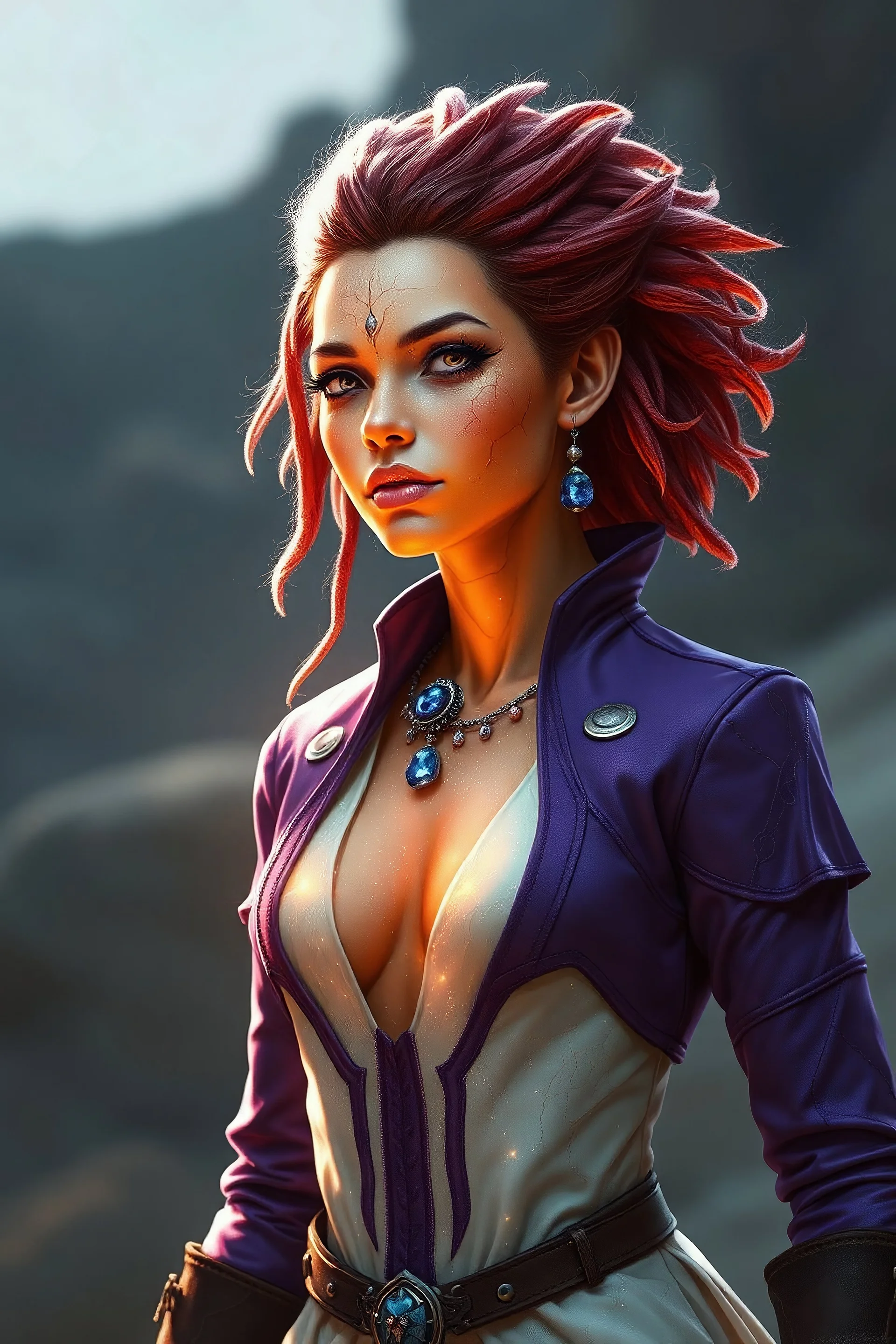 Please generate a female earth genasi explorer in D&D. She should have bright, peachy, orange-colored skin with glittering sparkles like gem dust. She should have lines marking her skin like cracks, showing glimmering gem-like veins and a faint glow. Her hair should appear carved of red crystal. She should be in her mid-40s and fully-clothed in a purple and white suit. This should be a fully body image showing the purple wedding jacket and brown boots.