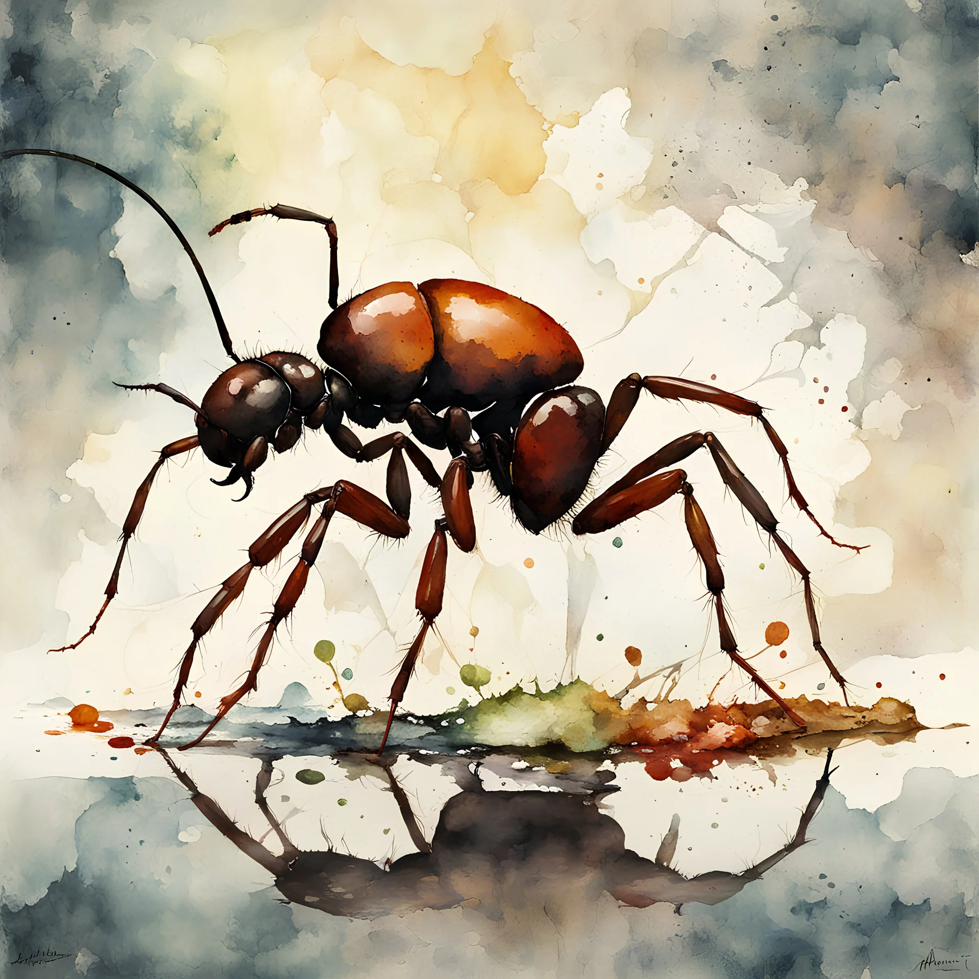 Impressionistic watercolor of an ant carrying food, in a road, double exposure splash art, watercolour and pen, Layered Inside, merged Painterly styles by Photoshop, transparency layers bleeding through, Style Andreas Lie and adrien ghenie and Norman Lewis and Jim Dine, moody, nostalgic, memento mori, negative space, ink leak