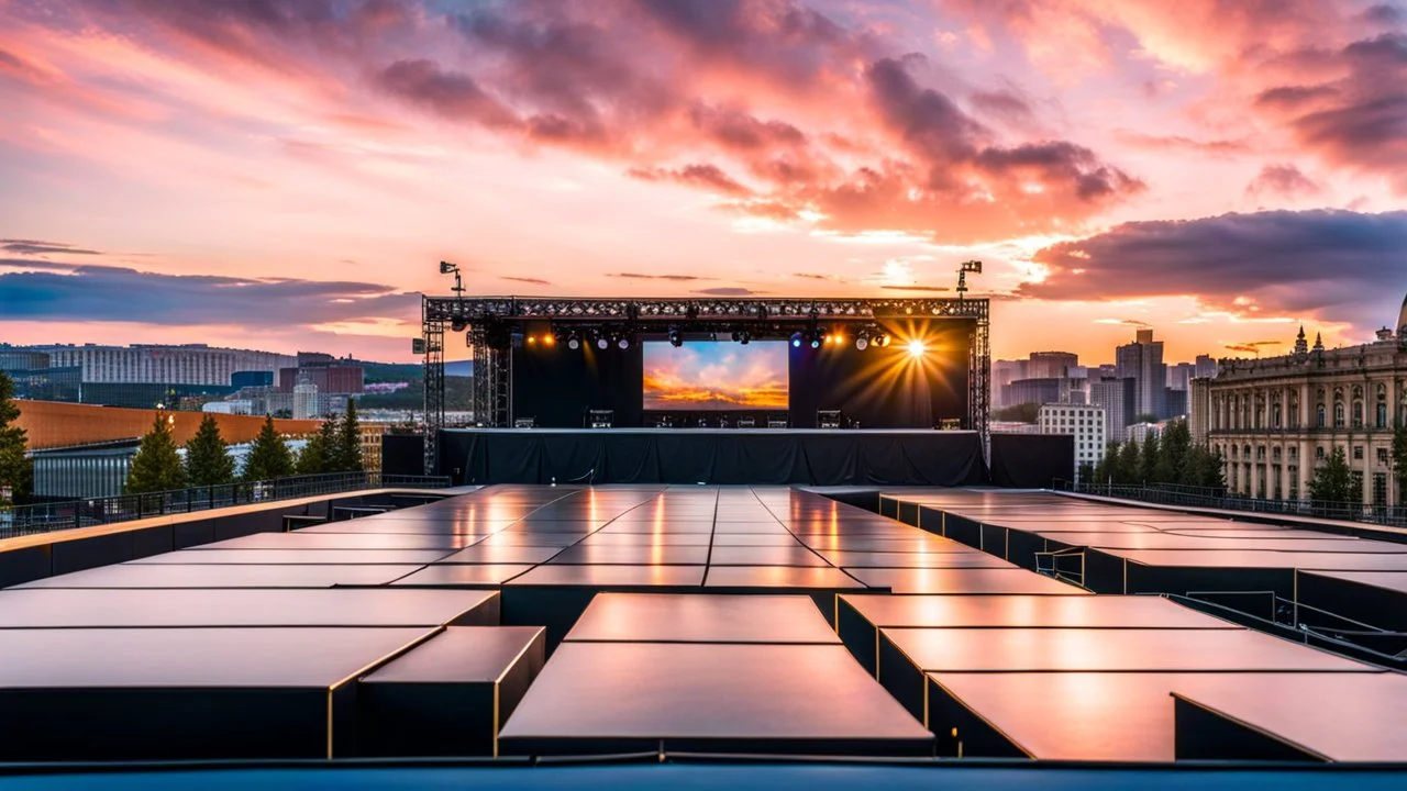 a big open disko stage in modern city center , at distance,blue sky pretty clouds ,sunset ,golden hour,closeup.