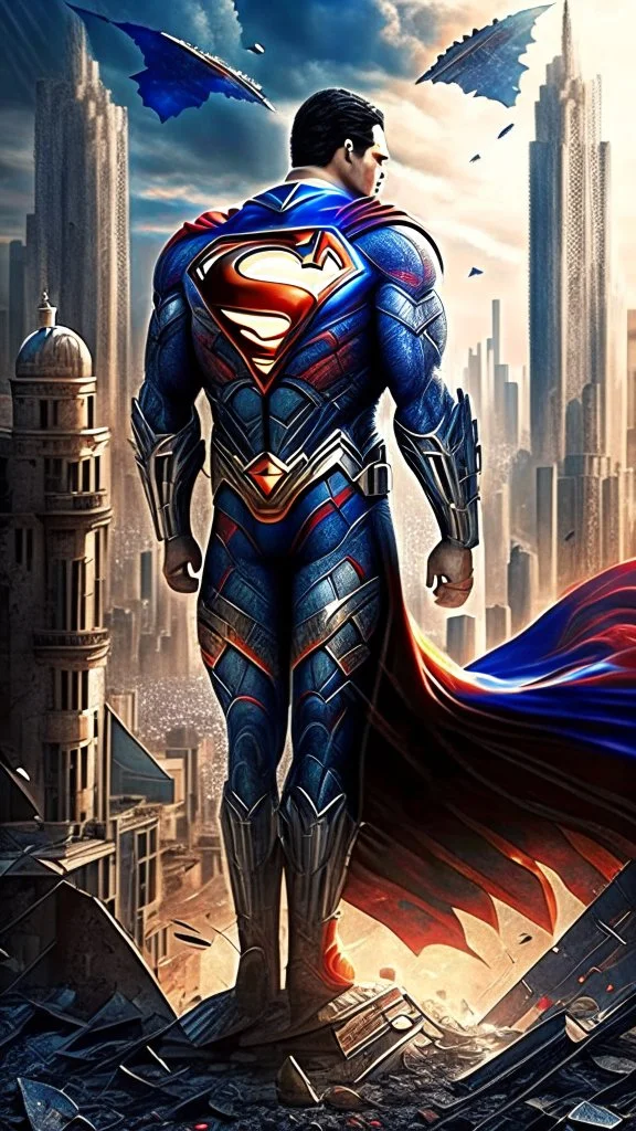 Album cover. Realistic drawing of Mandala pattern. .Advanced Superman with an advanced suit..Realistic detailing. High quality . Movie scene. background . A destroyed city.