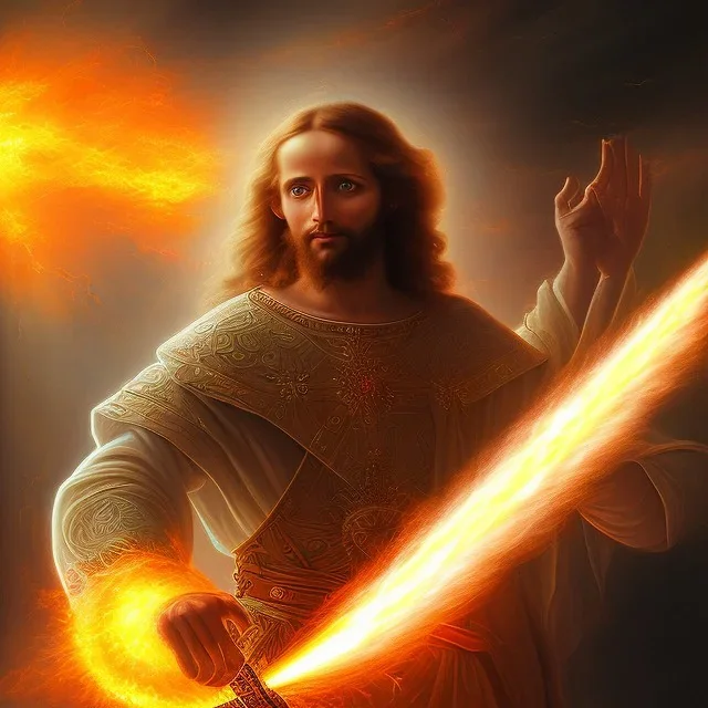 Jesus Christ coming from space as a fiery sword splitting the earth in half, explosions, comets, sun going black in background, water flying into space, bright stars