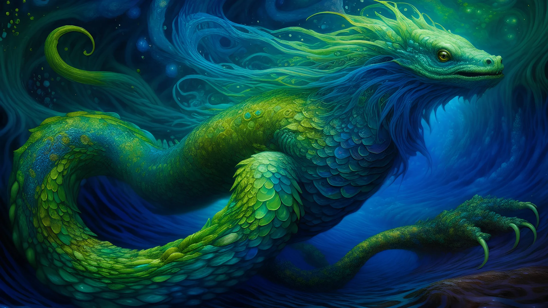 A colossal water monster partially submerged, with scales that reflect a spectrum of colors, inspired by the intricate details of Gustav Klimt, surrounded by swirling phosphorescent algae, creating a dreamlike scene, hyper detailed, cinematic.