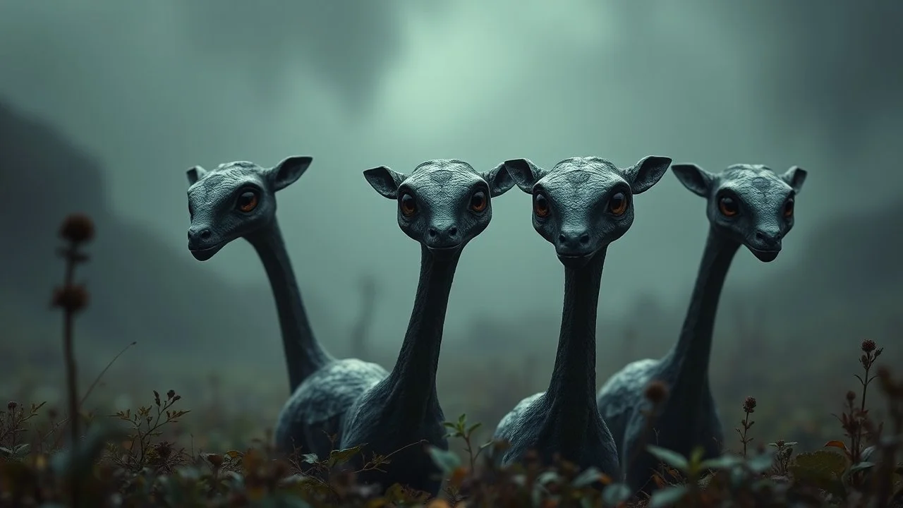 A dark fantasy, scifi theme, from four herd of gentle herbivorous creatures with long necks, one large central eye, Each creature has ONE SINGLE EYE ONLY, one large eye positioned exactly in the center of the face, no second eye, no extra eyes. and two little ears on head and small separate herbivore mouth , no teeth or fangs , rounded bodies dark gray-green skin, standing in a misty landscape with deep colors and many plants,. Curious, slightly uncanny expressions, photorealistic, cinematic