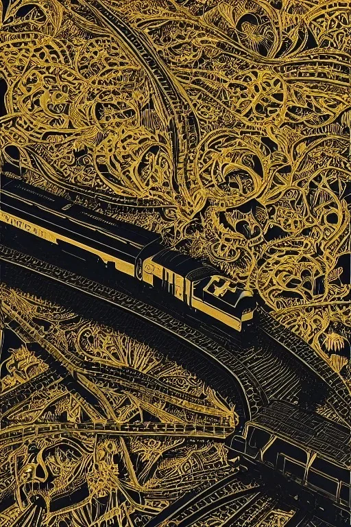 Insanely detailed intricately detailed meticulously detailed hyperdetailed black outline of a train on gold paper, high contrast, beautiful landscape, detailed full-color, nature, HD photography, Josan Gonzalez, Tishk Barzanji, Anne Dittmann, autoCAD