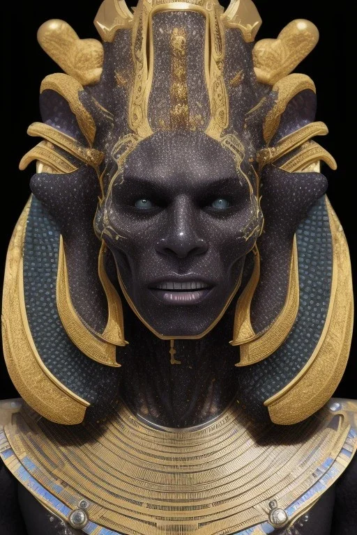 shiny black male African Egyptian alien, cracks in the voodoo head, wicked, eyes, crown, Elephant, 8k, finely detailed, photo realistic, tiger turquoise skull head gold dragon space alien snow skeleton gold fang teeth silver crown silver eyes