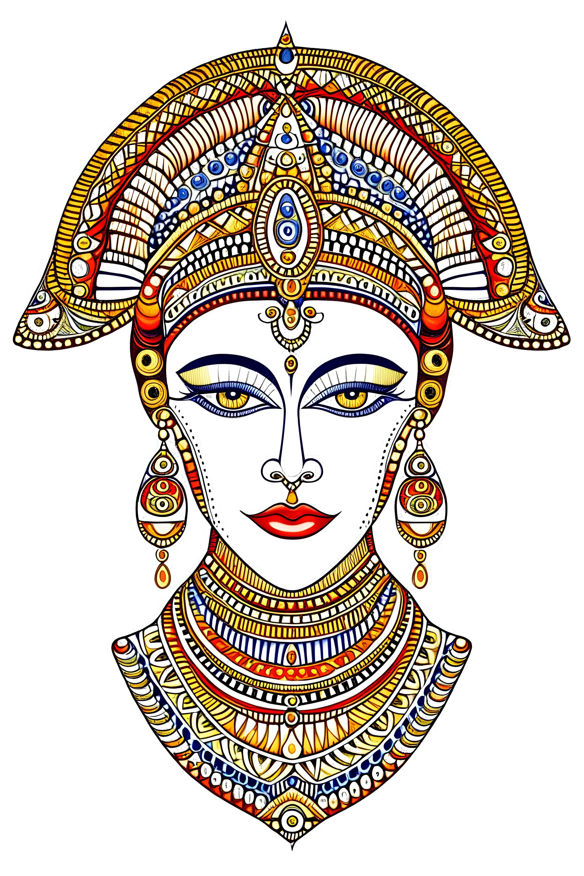 free hand drawing themed, bandhani, perfectly symmetric patterns, queen Egyptian crown colorful, full face visible, portrait, white background