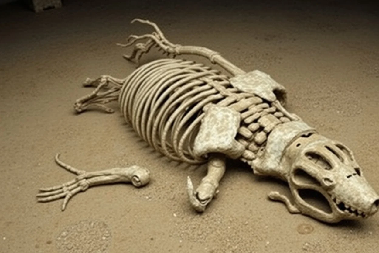 The petrified and crumbling skeleton of a colossal creature lying upside down on the ground