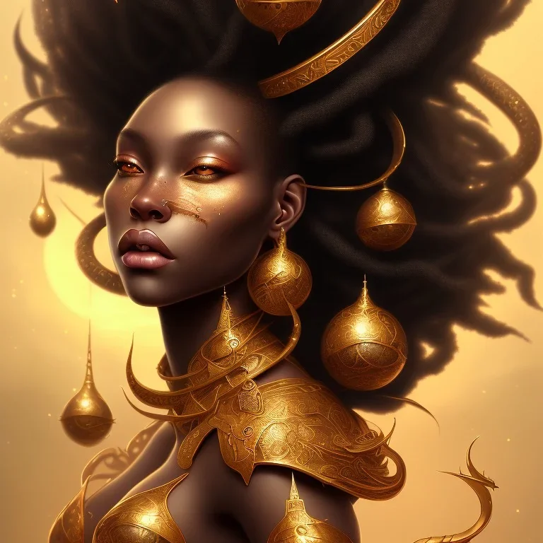 sango fantasy, fantasy magic, intricate, sharp focus, illustration, highly detailed, digital painting, concept art, matte, masterpiece head sexy view black African beauty black afro hair space lady gold carp skin African space night