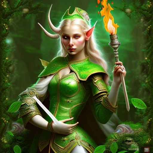 romantic fantasy spray painting, portrait of cute green eyed blonde robed elf poet with cute horned ornament,sitting in huge marble teacup, loosing torch in magical forest