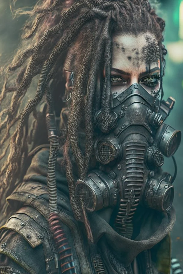 front facing full length grunge armored female, dreadlock hair cyberpunk vampire mercenary with gas mask, highly detailed with gritty post apocalyptic textures, finely detailed facial features, photorealistic 8k render