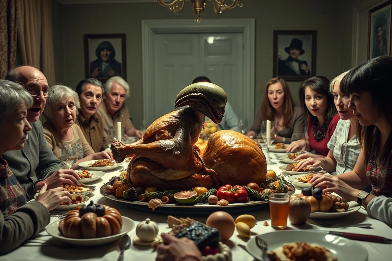 Thanksgiving dinner table with shocked horrified extended family sitting around table with a large oozing roasted turkey on a platter with a baby xenomorph bursting from out of the middle of the turkey, visceral, unsettling, by Joel-Peter Witkin and Laurie Lipton, color photograph, weirdcore, sharp focus, dynamic lighting, 8K resolution