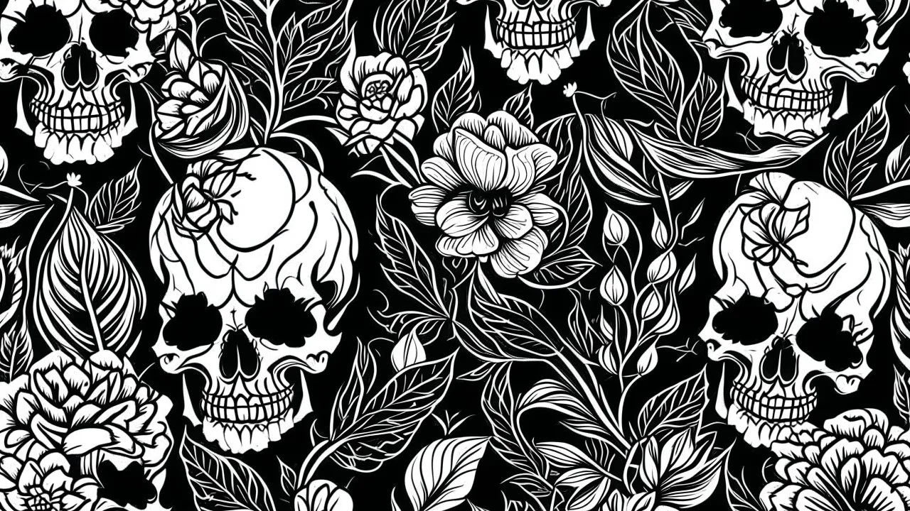 tracery of flowers and skulls, black and white, minimalistic