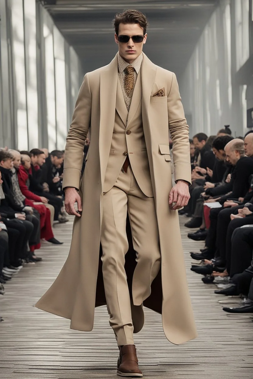 a men winter fashion runway with modern clothes inspired by Superman style, embroidery elegante fashion beige tones