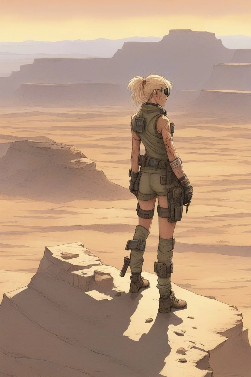 Far away, in the distant reaches of the sprawling wastelands, Tank Girl's presence was a mere whisper on the canvas of desolation. Her silhouette, a tiny, indistinct figure, dissolved into the vastness of the unforgiving terrain. From my vantage point high atop the canyon, she appeared as a solitary speck, her form barely distinguishable against the harsh, windswept backdrop. The tank she rode, a clunky and eccentric contraption, seemed like a distant dot, its mechanical rumblings imperceptible