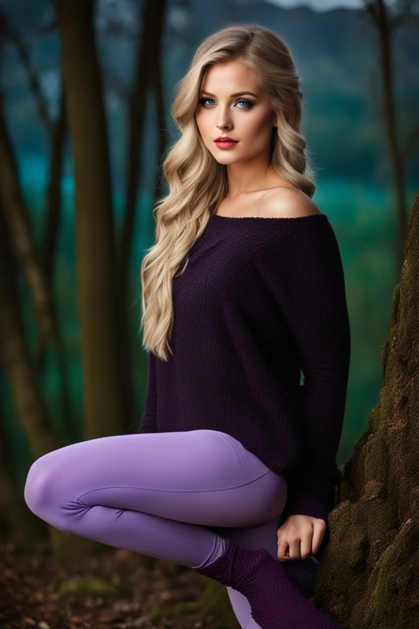 beautiful 18 year old girl with ash blonde hair and blue eyes with her curvy hair down, wearing a long-sleeved woollen top, and lilac long leggings, with long red boots full body shot