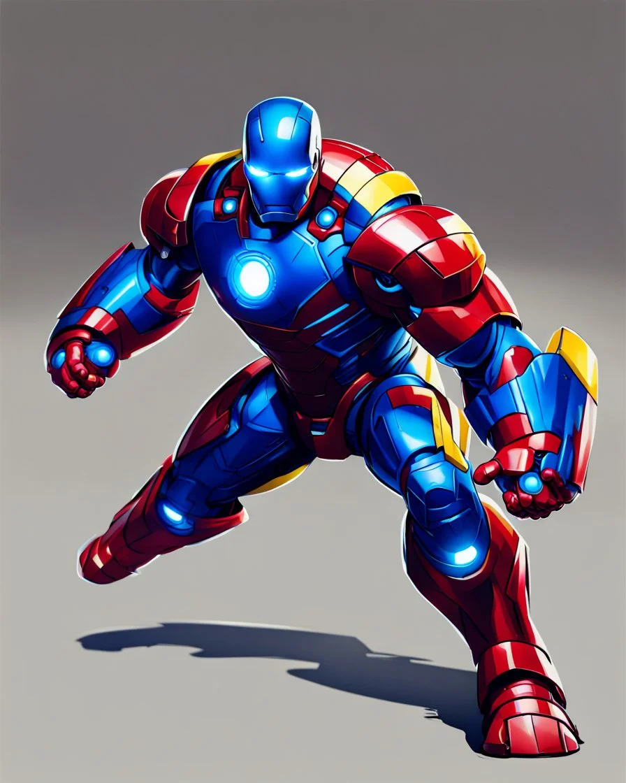 Super Iron Man, blue and red and yellow armor,