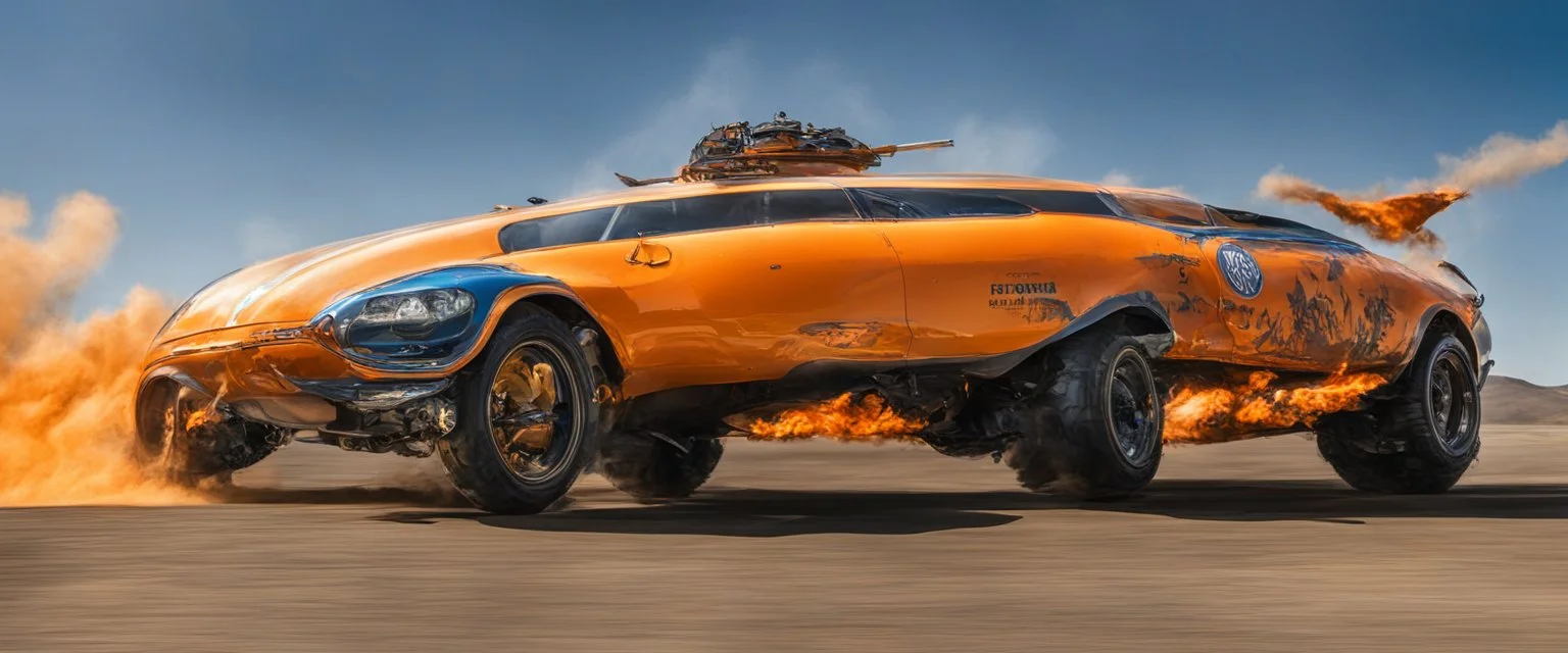 A national geographic award winning photograph of a military fighter jet station wagon wasp hybrid designed by volkswagen only one vehicle per image painted metallic orange traveling at a high rate of speed, jet intake off of front center of vehicle and jet exhaust out the rear with bright blue flame