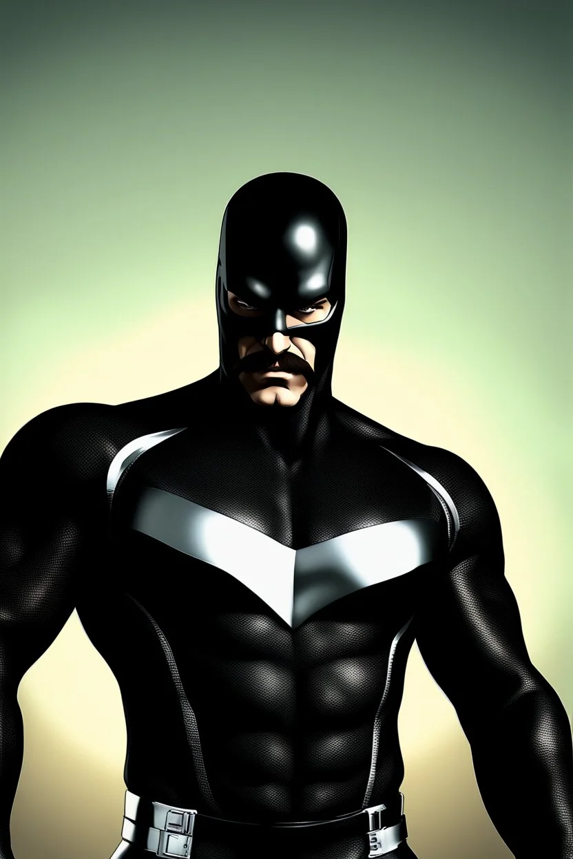 an extremely muscular superhero man wearing a black, skintight, formfitting cowl, a black, skintight, formfitting, Kevlar bodysuit, Silver Wrist Gauntlets, Silver Belt, Silver knee-high boots, black gloves, silver "M" logo on the chest, a mustache and goatee, black gloves, 32k UHD, Hyper Realistic, Photorealistic, realistic, life-like, real life, extremely detailed, extremely sharp, extremely vibrant, extremely colorful, Full color, professional quality, in the art style of Boris Vallejo