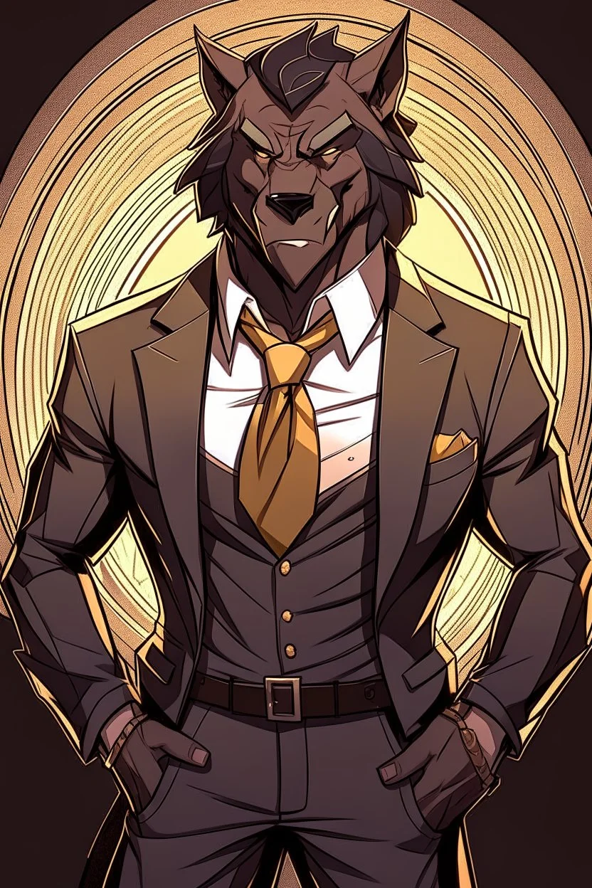 Buff, anthro, wolf, himbo, black fur, gold eyes, wearing a suit, full-body, muscles, strong, muscular, man boobs, bulky, tail, dark fur, smug grin, hands on hips, furry-himbo, broad shoulders, wide hips,