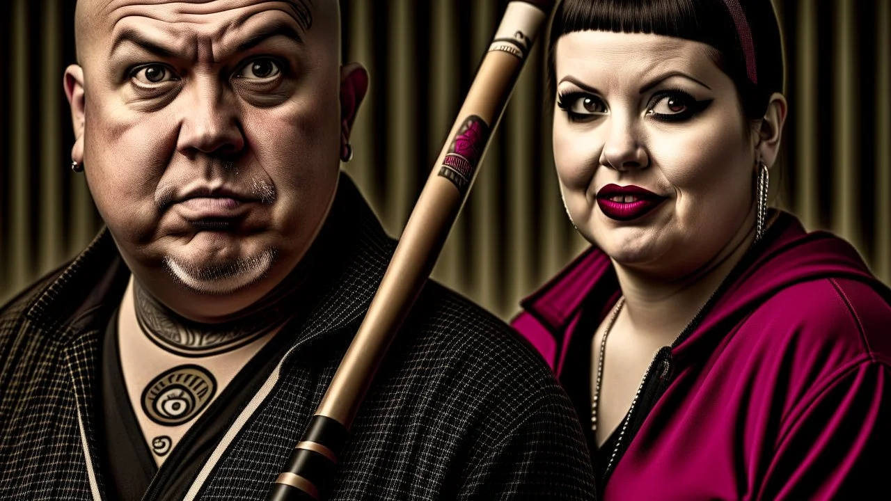 realistic, personality: [Capture a close-up shot of 2 female midaged english chubby extreme tatoed punkers, with baseball bats chasign a creepy man in a brown parkacoat