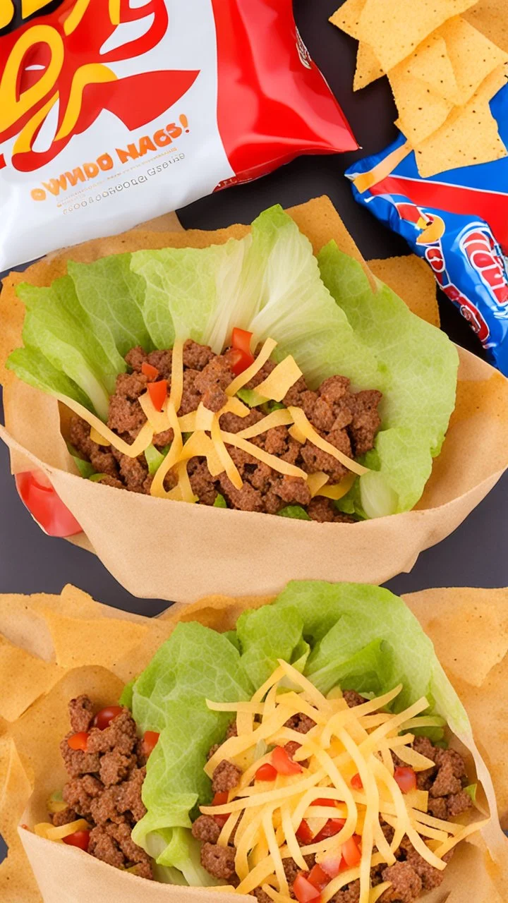 "Taco in a Bag" which consists of an open Doritos chip bag with sides rolled down, containing Doritos chips and cooked ground beef and lettuce and shredded cheese and chopped tomato pepper and onions and topped with more nacho chips, food blogger photography