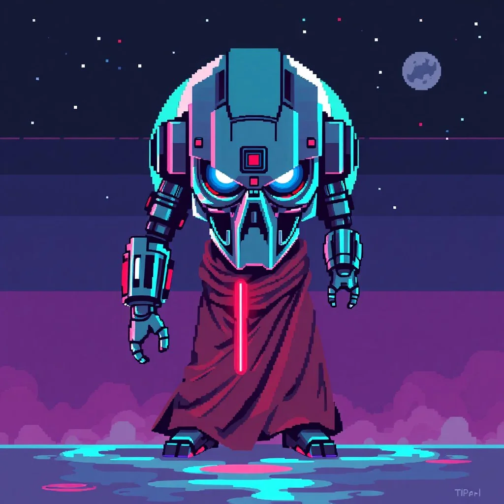 8 bit pixelart of a terminator like robot, synthwave colored, vaporware, budist monk robe