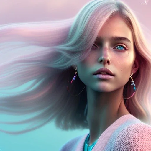  beautiful girl, smiling, longsand blonds hairs, atmospheric, realistic, octane render,, pink turquoise light