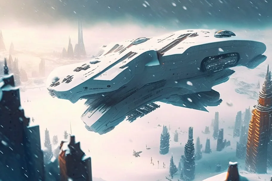 spaceship flying low over a snow-covered city