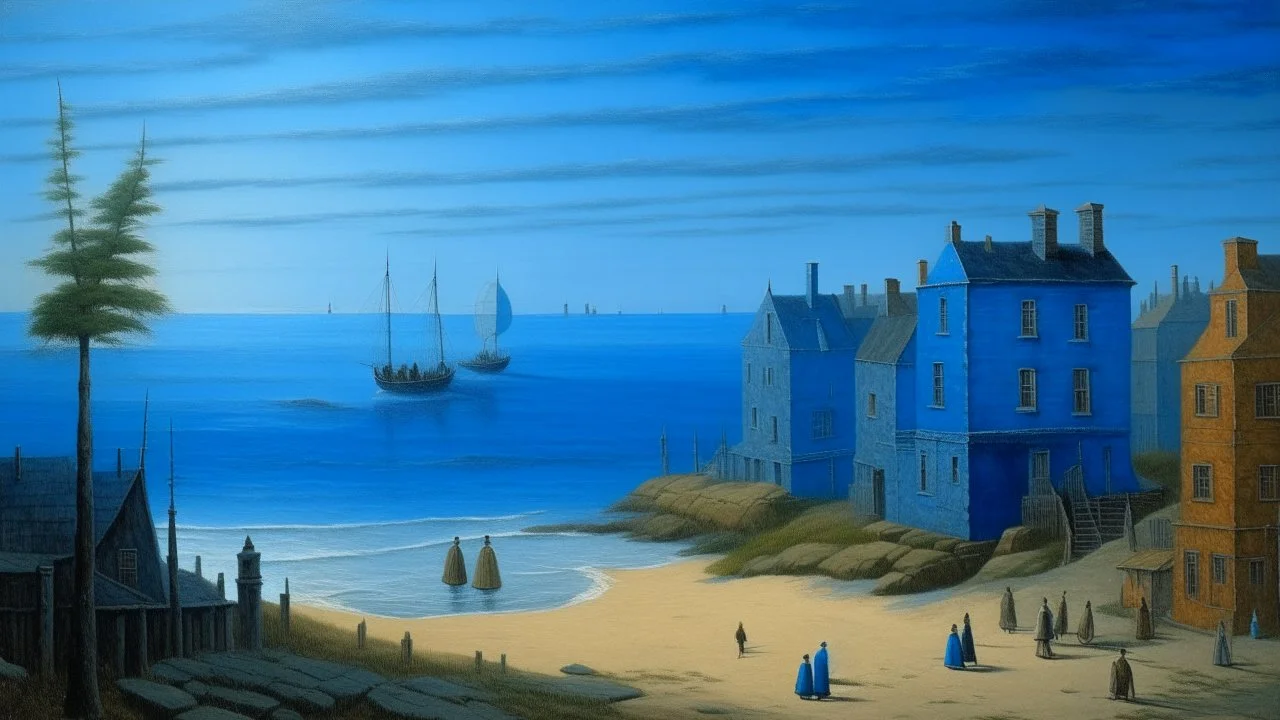 A blue town near a beach painted by Caspar David Friedrich