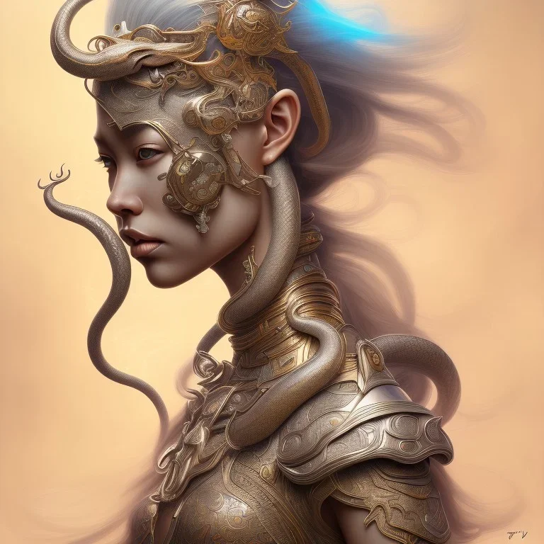 sango fantasy, fantasy magic, intricate, sharp focus, illustration, highly detailed, digital painting, concept art, matte, artgerm and paul lewin and kehinde wiley, masterpiece silver snake head bronze Asian African girl nice breast Afo hair turquoise sun rain waves