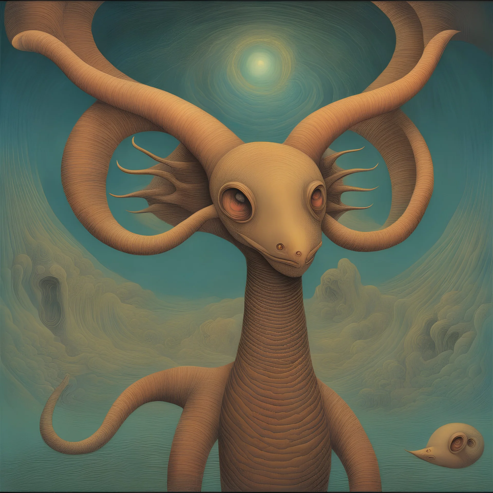 abstract neo surrealism, Style by Arthur Secunda and Oskar Fischinger and Zdzislaw Beksinski, weird hybrid horns in wrong places - multiple large eyes - forked tail, fuzzy texture, masterpiece, absurd death eel, smooth,