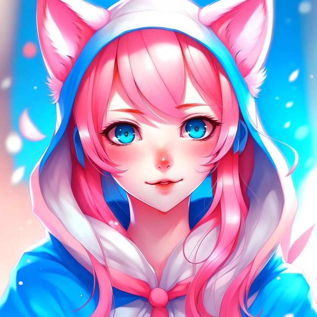 kitsune girl but the face is anime pink hair blue eyes and white hoodie