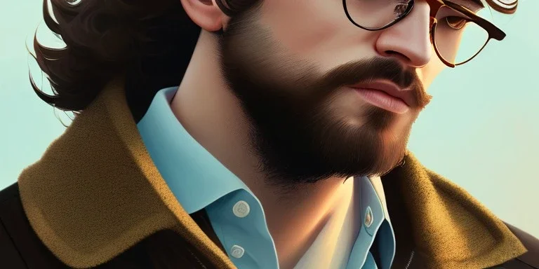 boy, young, glasses, beard, brown hair, brown eyes, medium hair, bangs side part, head and shoulders portrait, head and shoulders portrait, 8k resolution concept art portrait by Greg Rutkowski,