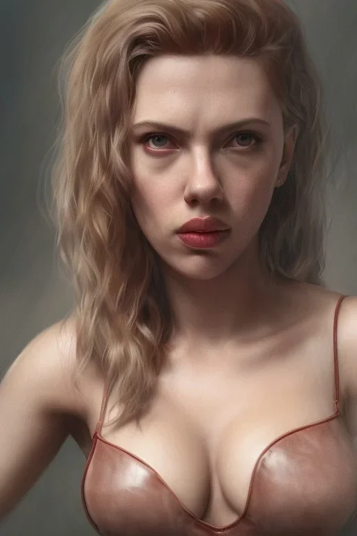 full body, Scarlett Johansson identify face, leather armour , big busty , pintura, ,details,texture,8k quality, florest, Minimalism, Romanticism, Expressionism, Impressionism