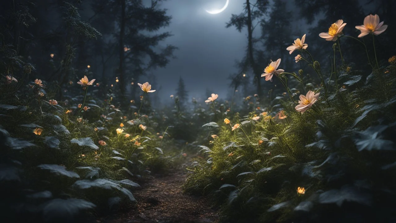 fragile flower in a storm. in flower forest at night, perfect composition, hyperrealistic, super detailed, 8k, high quality, trending art, trending on artstation, sharp focus, studio photo, intricate details, highly detailed, by greg rutkowski