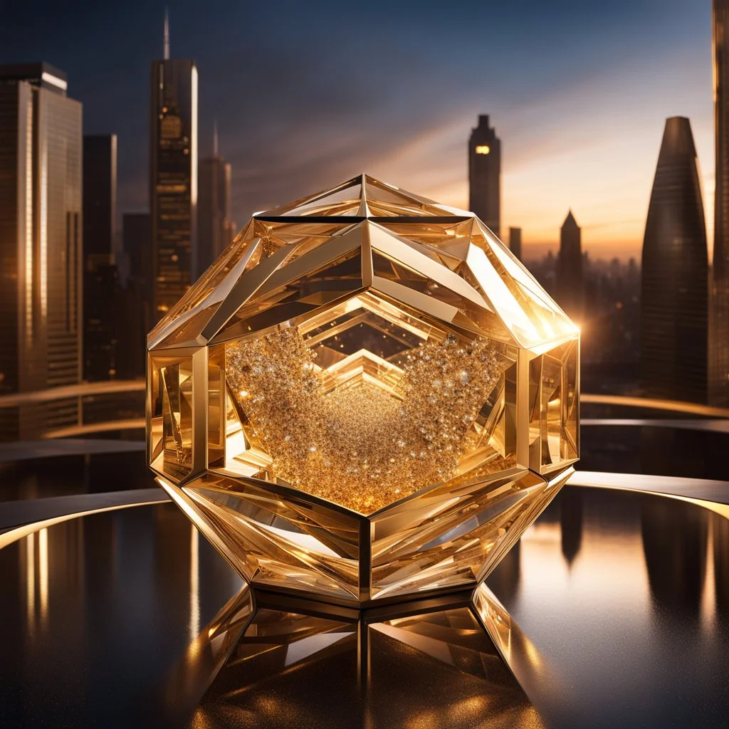 In a mesmerizing scene, envision 4 crystal symetric hexagonal prism repeating 3d mandelbolb fractal structure against the backdrop of a gleaming golden modern cityscape. Suddenly, without warning, the hexagonal prism begin to collapse and cascade to the floor, creating a symphony of light and sound as they shatter into a myriad of sparkling fragments. Explore the juxtaposition of beauty and destruction in this captivating moment.