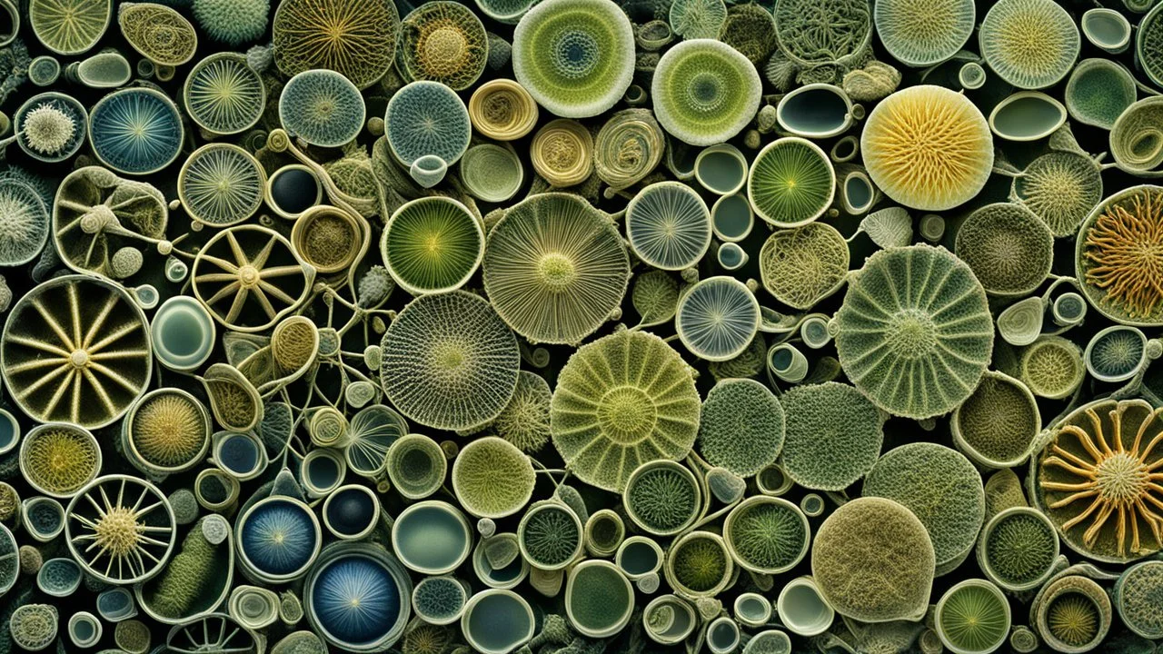 A detailed photomicrograph of a variety of diatoms, the microscopic algae with beautifully intricate silica shells. The image highlights their diverse shapes and patterns, ranging from circular and star-shaped to elongated and complex. Beautiful award-winning photograph, inspiring, rule of thirds, balanced delightful composition, perfect lighting, superb detail, 16k render