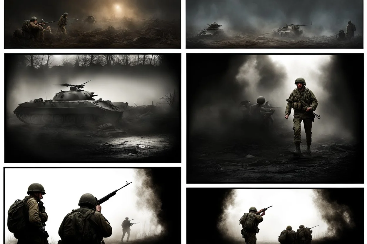 Masterpiece1:5)(Fineart), (award-winning:1.5), highest quality, (ultra realism:1.5) war journalism(,(by Tim Page and Hoorst Faas:1.5))(photorealistic:1.8),RAW pictures (Eastern Ukraine:(panel one:the moment after a battle ends, horrors of war, wounded men),(2nd panel, cinematic shot of men sitting in trench with 1000 yard stare (focus on their eyes:1.5)),(the third panel shows troops tired but hyper alert), (the fourth panel shows the sky is filled with incessant, fire and smoke,)