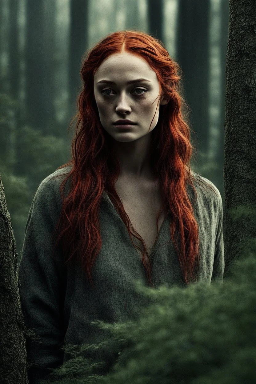 [Sophie Turner] Sophie stumbled wearily through the dense growth, branches clawing at her tattered clothes. How many days had she wandered this dismal forest? Her memories were fading along with her strength. The cliffs she'd spotted from afar had led her not to shelter, but further isolation. Endless rocky foothills dissolved into this gloomy woodland, the scraggly trees clinging to life in the parched soil. Finding water had become an obsession, driving her on even as hunger gnawed at her insi