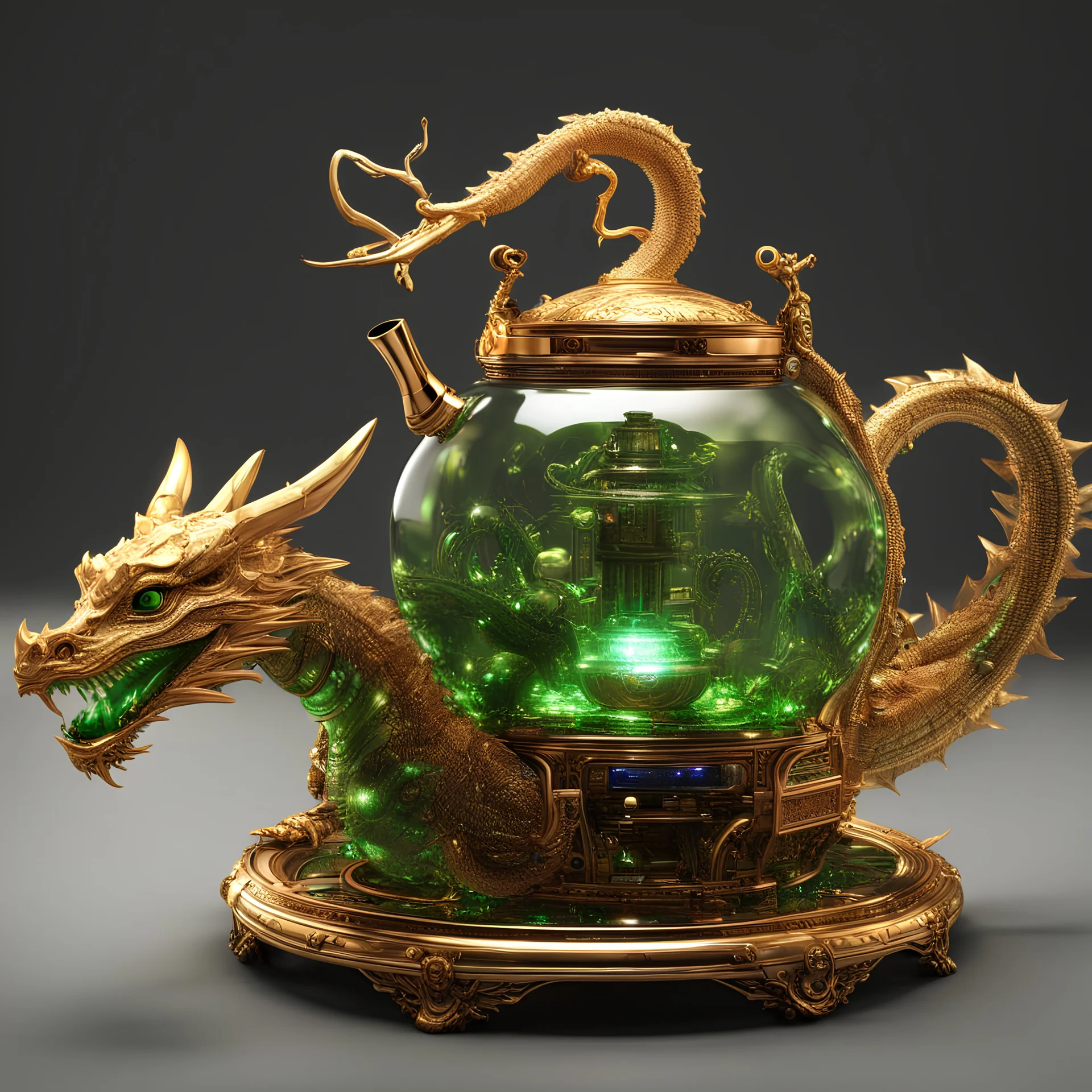 a golden dragon with diamonds all over his body,holding a transparent Chinese teapot with an LED digital display on the side of the teapot,green liquid in the teapot,full light on all parts of the teapot,steampunk,3d