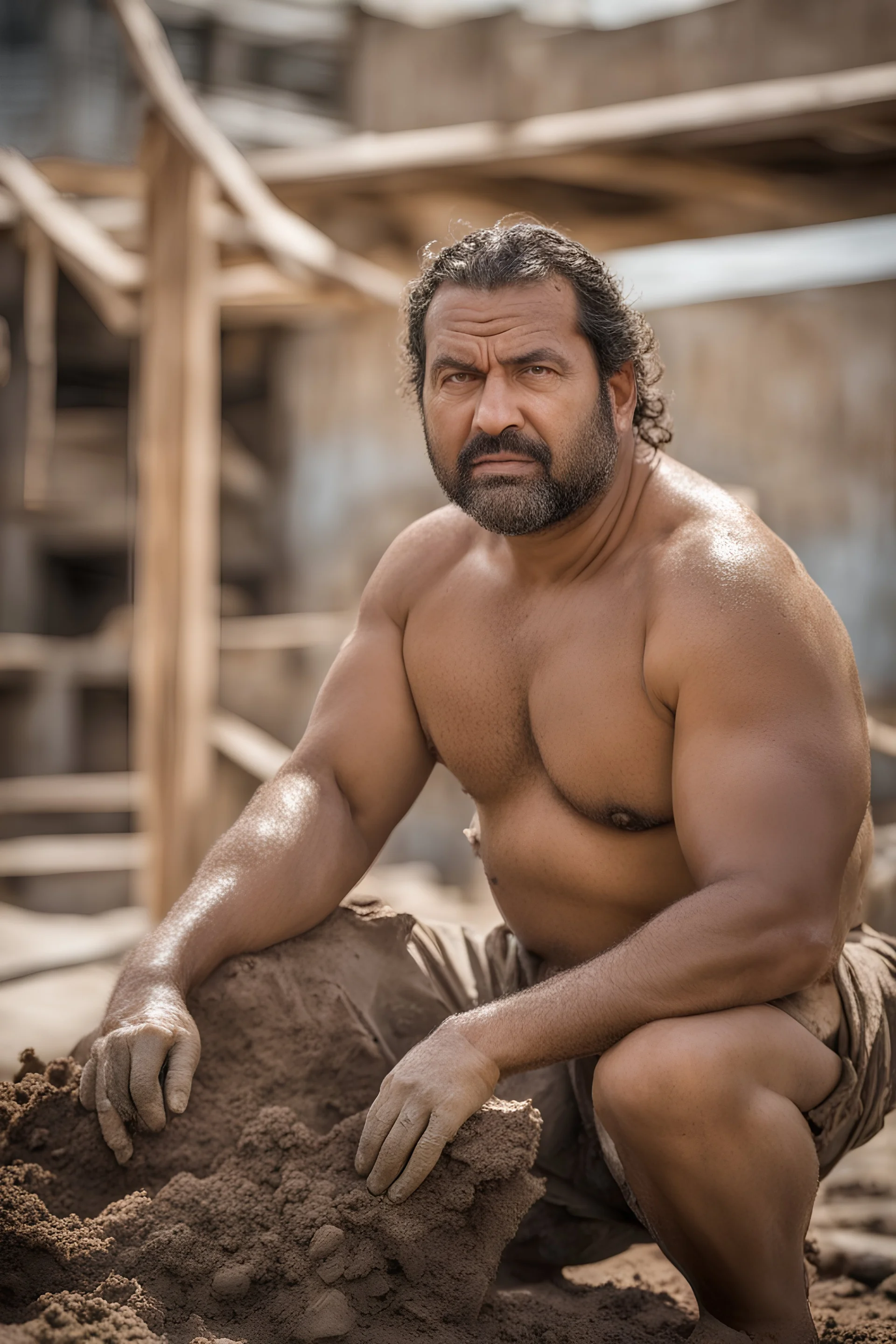 portrait shot photography of an ugly 43 year old chubby big robust burly arab carpenter working on the mud, dirty and wet, wearing bulging shorts, shirtless, hairy chest, serious, very virile, short beard, curly hair,, , in a sunny construction work area, photorealistic , photorealistic