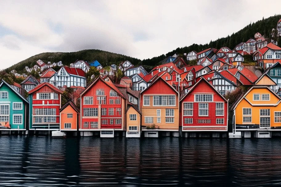 Colored pencil drawing, Very detailed, Realistic, Drawing of the colorfull houses in the city Bergen in Norway. Colorfull, professional, realistic, detailed, ultra HD