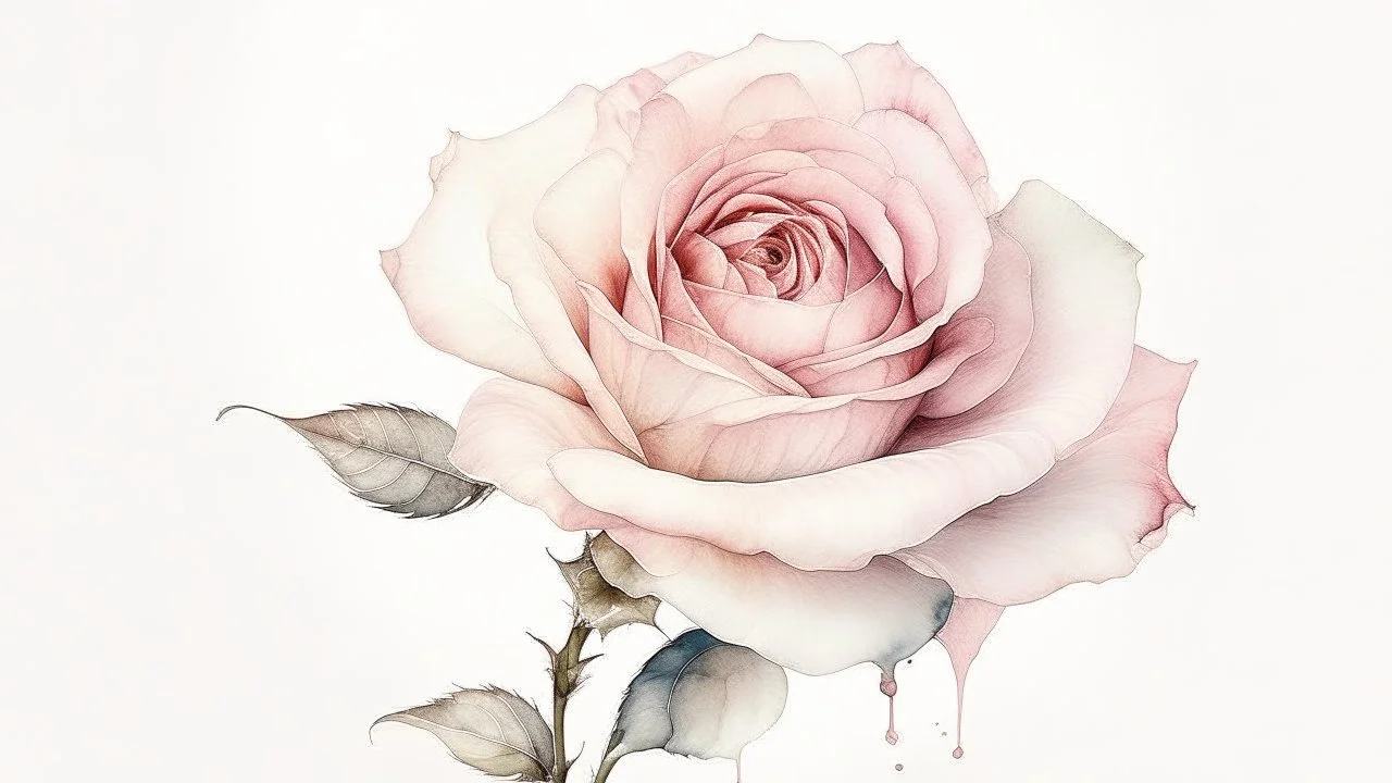 clipart , rose, white background, watercolor, side view, drawing , realism, beautiful, delicate shades, beige, powdery, pink, pale pink, sequins, shimmer, 3d effect, careful drawing of details, volumetric watercolor, aesthetically pleasing, professional photo, realistic photo, hyperdetalization