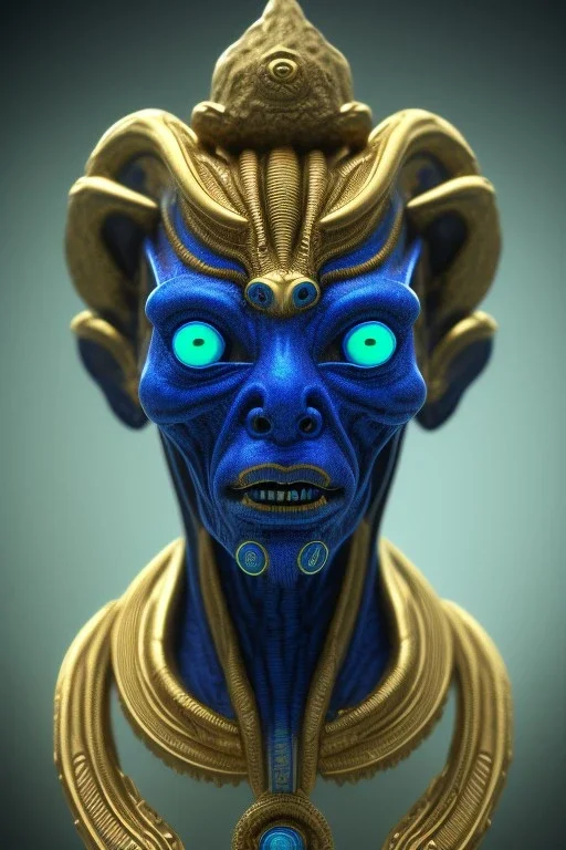 Blue alien, head, evil, black eyes, blood, 8k, finely detailed, photo realistic, Anunnaki black male African Egyptian alien, cracks in the voodoo head, wicked, eyes, crown, Elephant, 8k, finely detailed, photo realistic, tiger turquoise skull head gold dragon space alien snow skeleton gold olmec silver crown silver eyes